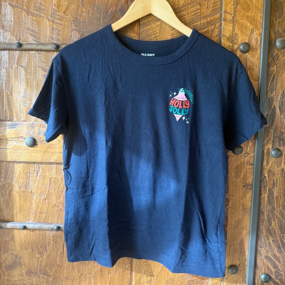 Old Navy Holly Jolly Graphic T-Shirt Womens XS Navy Blue Christmas Ornament Tee